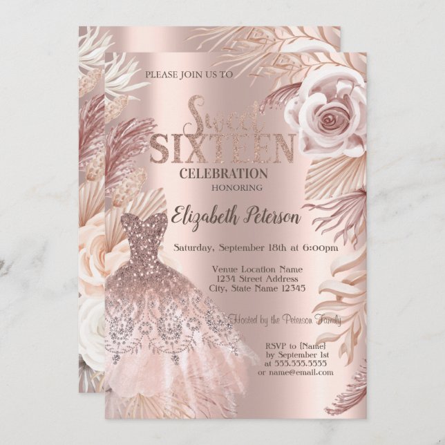 Boho Flowers Dress Rose Gold Sweet 16 Invitation (Front/Back)