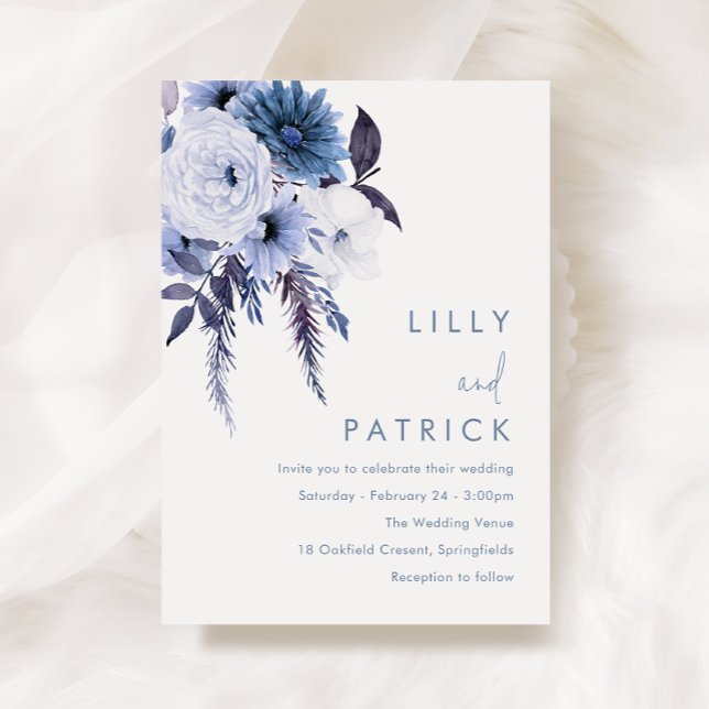 Boho Flowers Dusty Blue & White Wedding Invitation (Creator Uploaded)