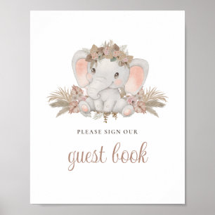 Boho Flowers Elephant Baby Shower Guest Book Sign