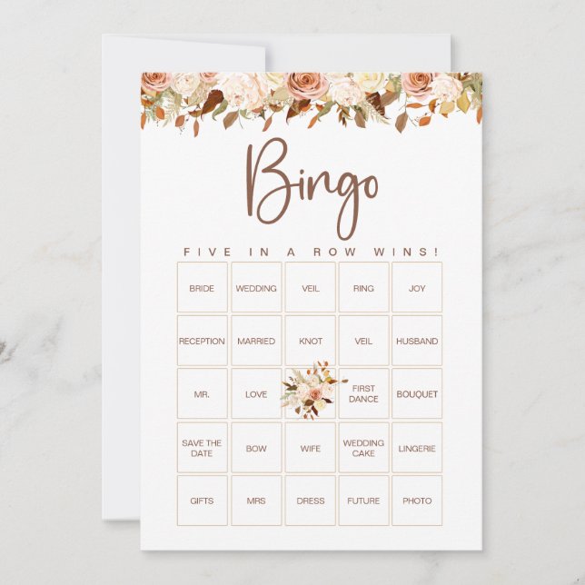 Boho Flowers Fall Bridal Shower Bingo Game Card (Front)