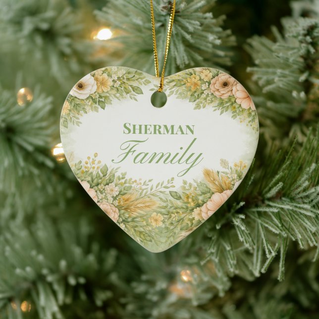 Boho Flowers Family Name Ceramic Ornament (Tree)