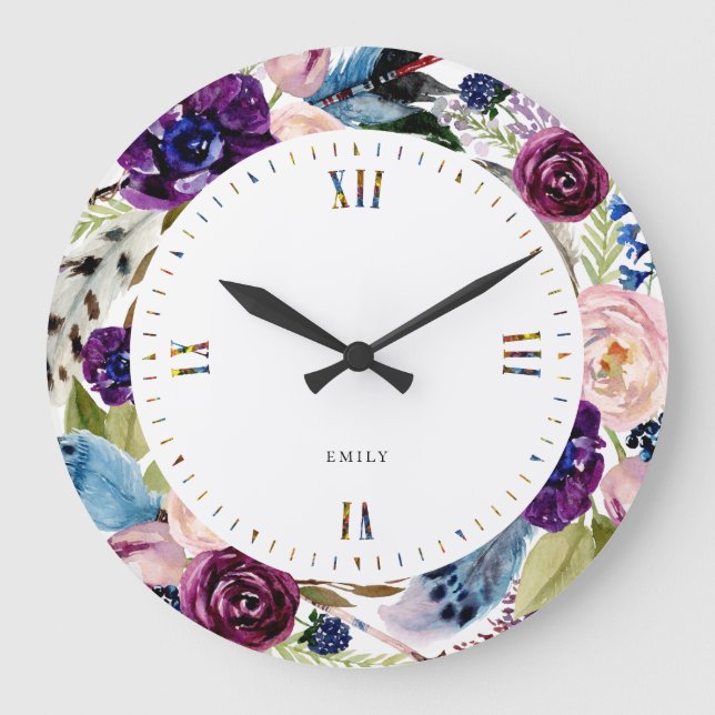 Boho flowers & feathers wreath large clock (Front)