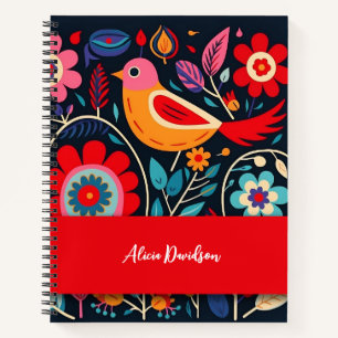 Boho Flowers Folk Bird your name Notebook