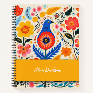 Boho Flowers Folk Blue Bird   your name Notebook