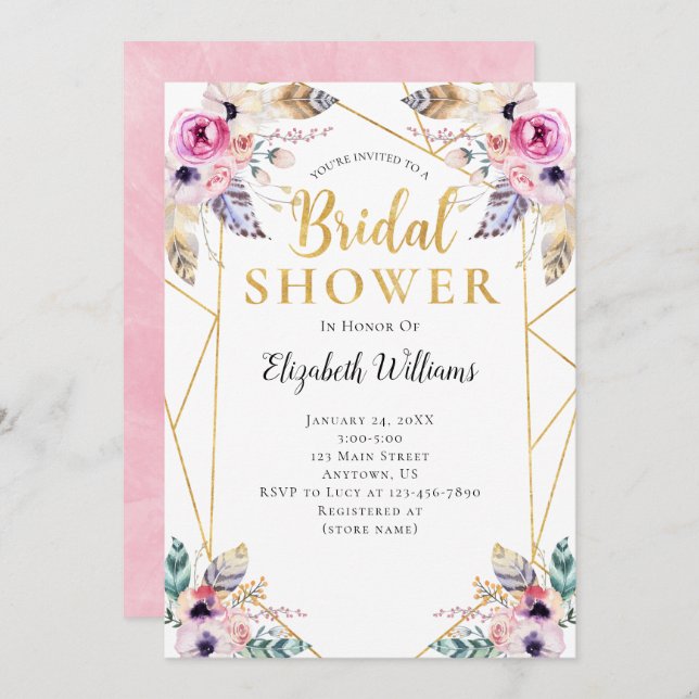 Boho Flowers Geometric Frame Bridal Shower Invitation (Front/Back)