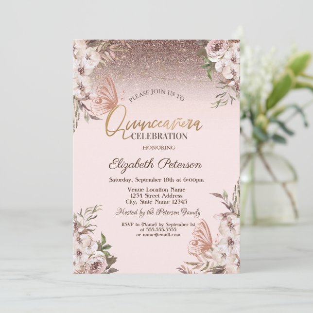 Boho Flowers Glitter Butterflies Quinceañera Invitation (Standing Front)