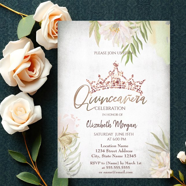 Boho Flowers Glitter Crown Quinceañera Invitation (Creator Uploaded)