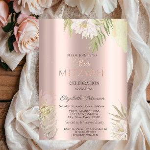Boho Flowers Glitter Drips Rose Gold Bat Mitzvah   Invitation