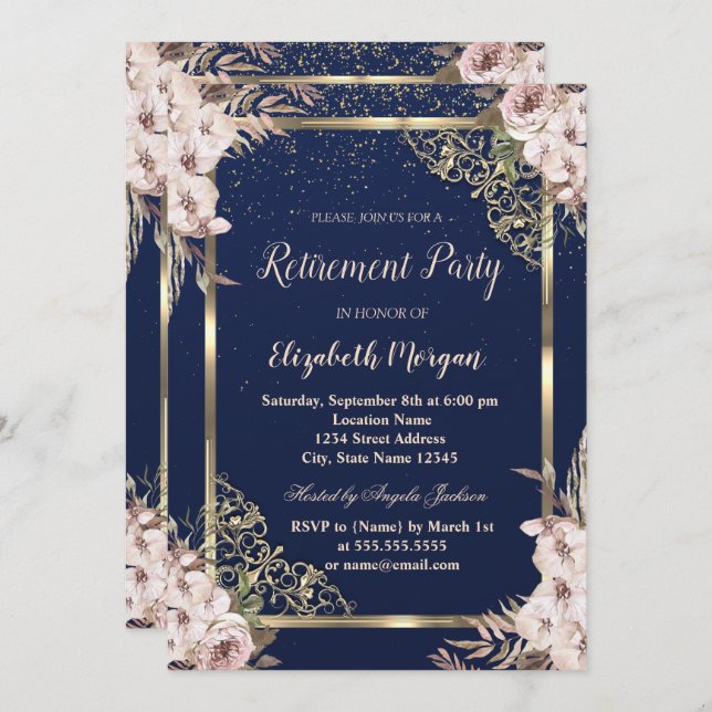 Boho Flowers Gold Frame Navy Blue Retirement  Invitation (Front/Back)