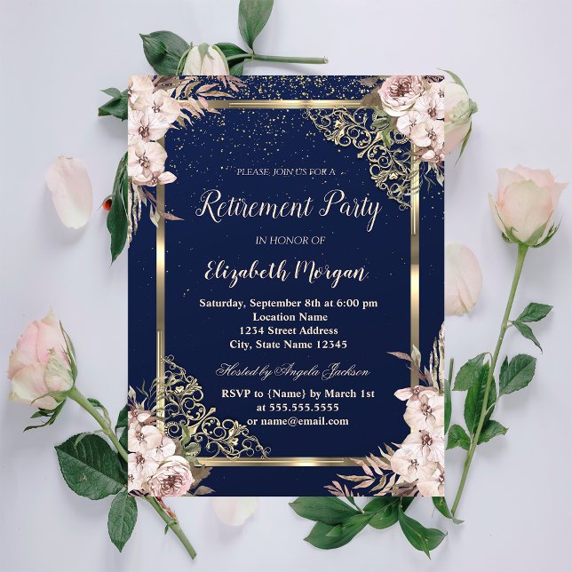 Boho Flowers Gold Frame Navy Blue Retirement  Invitation (Creator Uploaded)