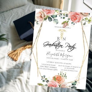 Boho Flowers Gold Frame RN Nurse Graduation Party  Invitation