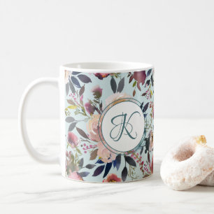 Boho Flowers Green Pink Monogramed Coffee Mug
