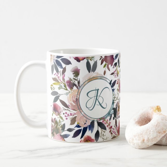 Boho Flowers Green Pink Monogrammed Coffee Mug (With Donut)
