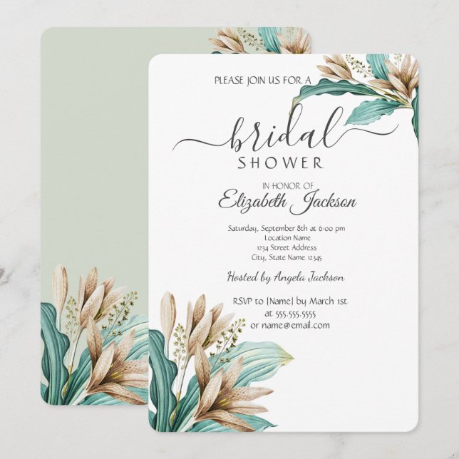 Boho Flowers Leaves Bridal Shower Invitation (Front/Back)