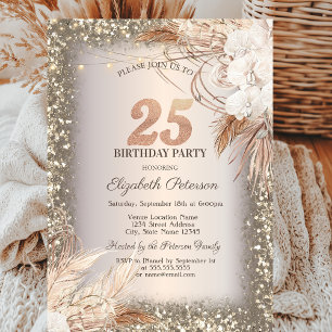 Boho Flowers,Lights Glitter Frame 25th Birthday Invitation