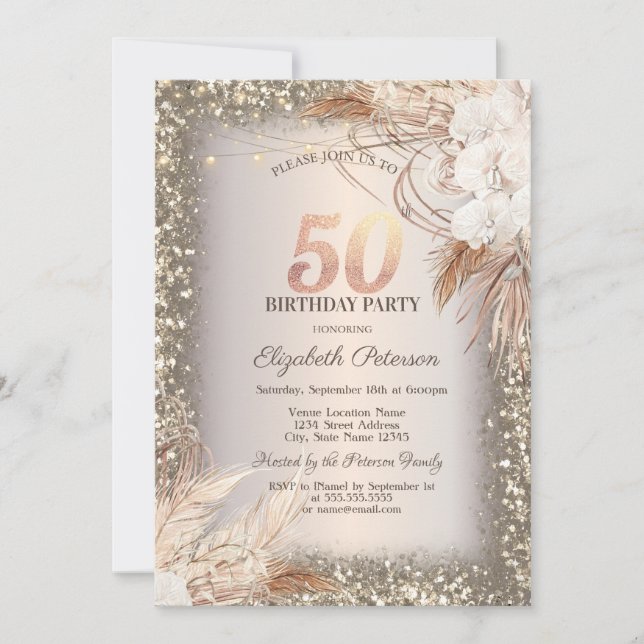 Boho Flowers,Lights Glitter Frame 50th Birthday Invitation (Front)