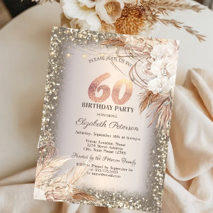Boho Flowers,Lights Glitter Frame 60th Birthday Invitation