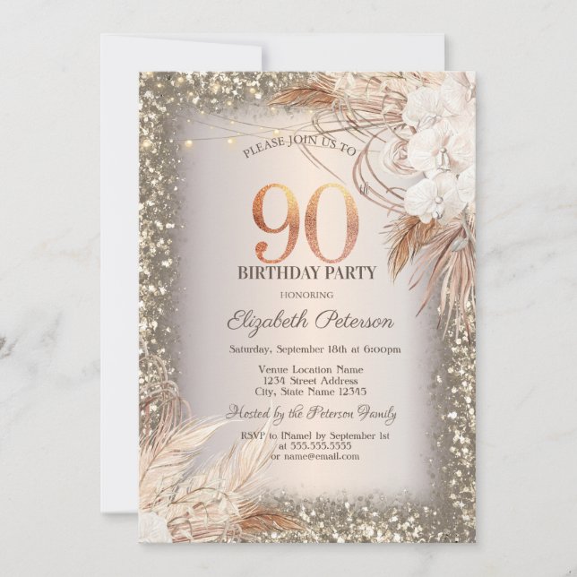 Boho Flowers,Lights Glitter Frame 90th Birthday Invitation (Front)