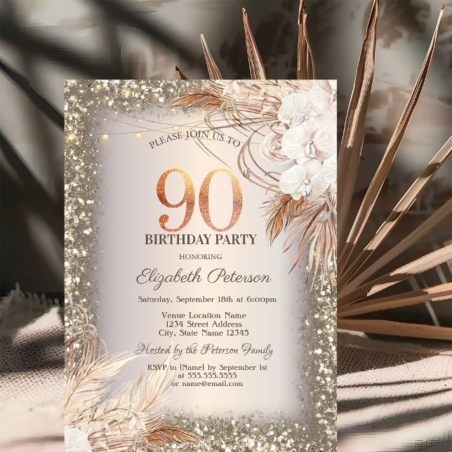 Boho Flowers,Lights Glitter Frame 90th Birthday Invitation (Creator Uploaded)