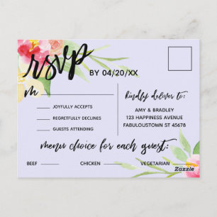 Boho Flowers Menu Choice RSVP Lavender Postcard