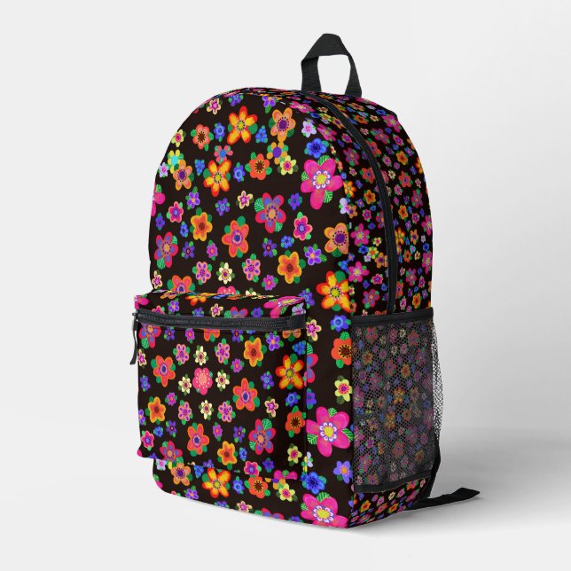 Boho Flowers Multicolor Flowers on Dark Brown  Printed Backpack (Back Corner Right)