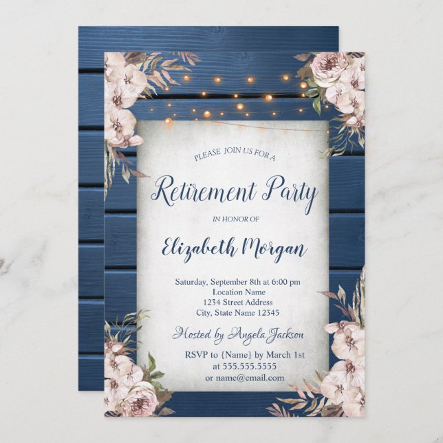 Boho Flowers Navy Blue Wood Retirement Invitation (Front/Back)