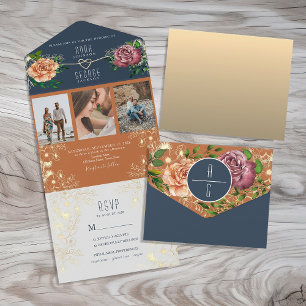 Boho Flowers Orange Navy Blue Wedding All In One Invitation
