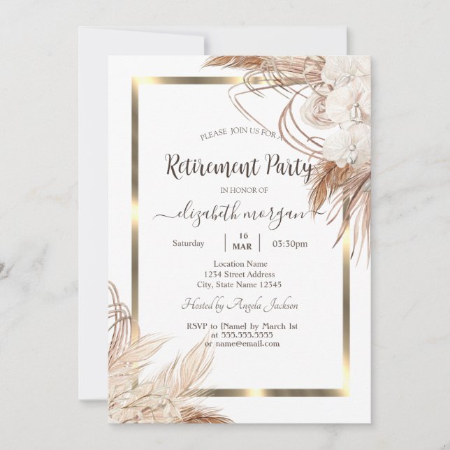 Boho Flowers Pampas Grass Gold Frame Retirement   Invitation (Front)