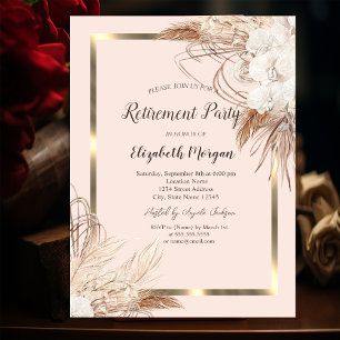 Boho Flowers Pampas Grass Gold Frame Retirement  Invitation
