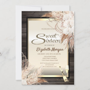 Boho Flowers Pampas Grass Wood Sweet 16 Invitation