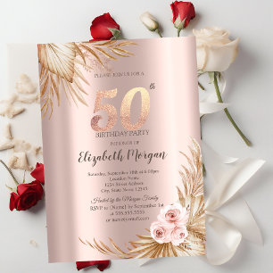 Boho Flowers Pampas Rose Gold 50th Birthday  Invitation