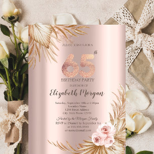 Boho Flowers Pampas Rose Gold 65th Birthday Invitation