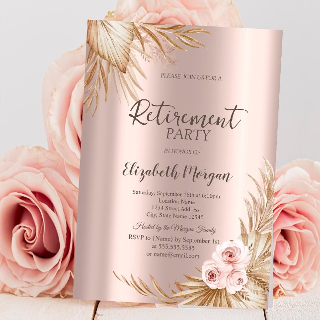  Boho Flowers Pampas Rose Gold Retirement Party Invitation (Creator Uploaded)