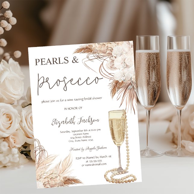 Boho Flowers Pearls Prosecco Bridal Shower  Invitation (Creator Uploaded)