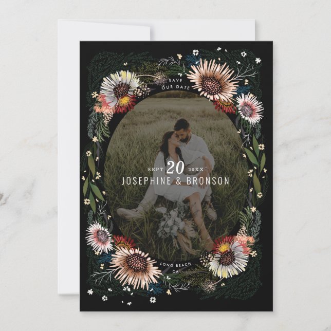 Boho Flowers Photo Black Save The Date (Front)