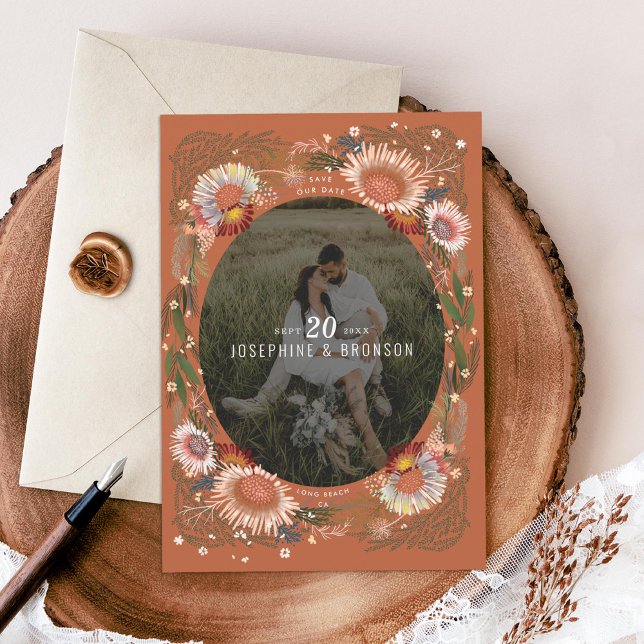 Boho Flowers Photo Save the Date Card (Creator Uploaded)