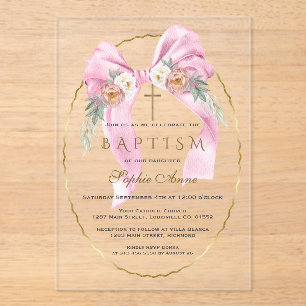 Boho Flowers Pink Bow Girl Baptism Transparent Acrylic Invitations