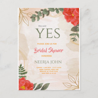 Boho Flowers Red Green Minimalist Announcement Postcard