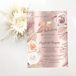 Boho Flowers Rose Gold 25th Birthday Party Invitation
