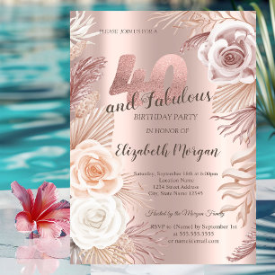 Boho Flowers Rose Gold 40th Birthday Party  Invitation