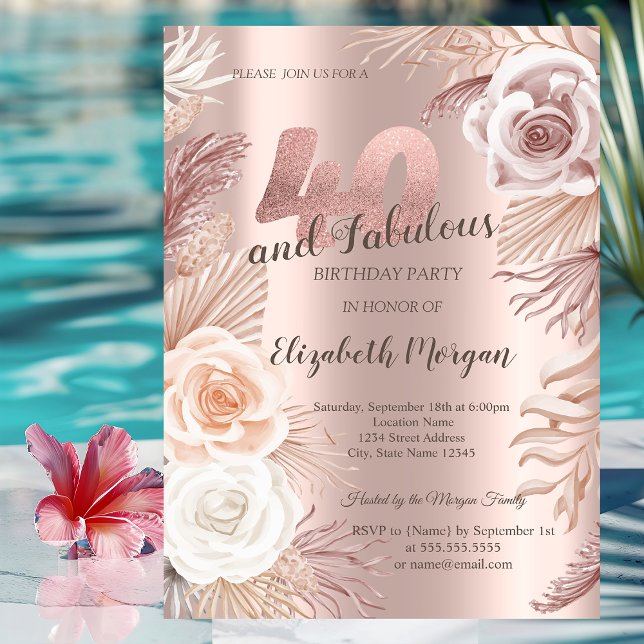 Boho Flowers Rose Gold 40th Birthday Party  Invitation (Creator Uploaded)