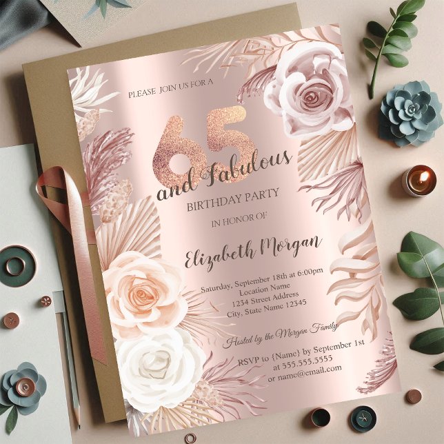 Boho Flowers Rose Gold 65th Birthday Party  Invitation (Creator Uploaded)