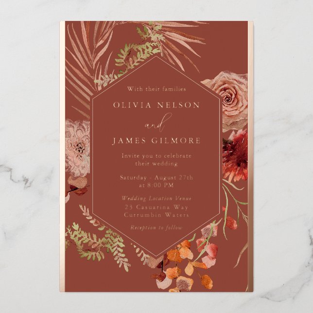 Boho Flowers Rose Gold Foil Wedding  (Front)