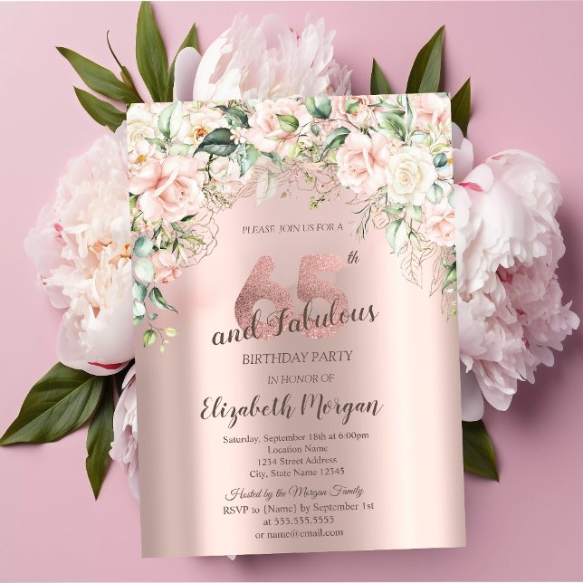 Boho Flowers Roses Rose Gold 65th Birthday Invitation (Creator Uploaded)