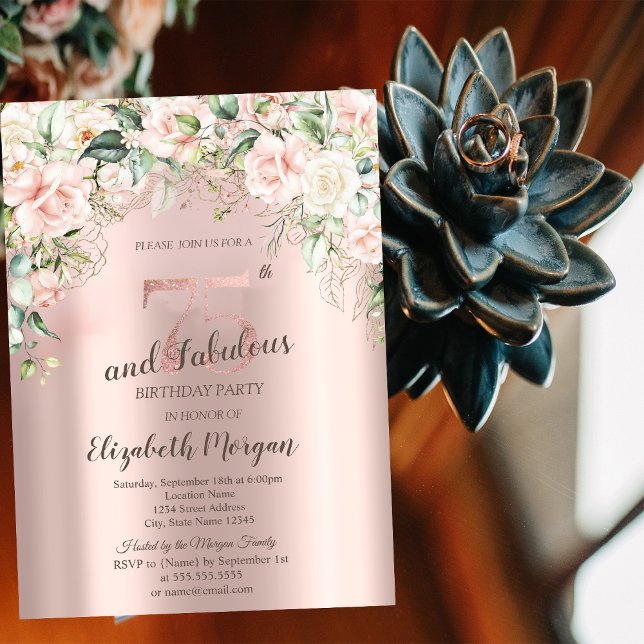 Boho Flowers Roses Rose Gold 75th Birthday Invitation (Creator Uploaded)