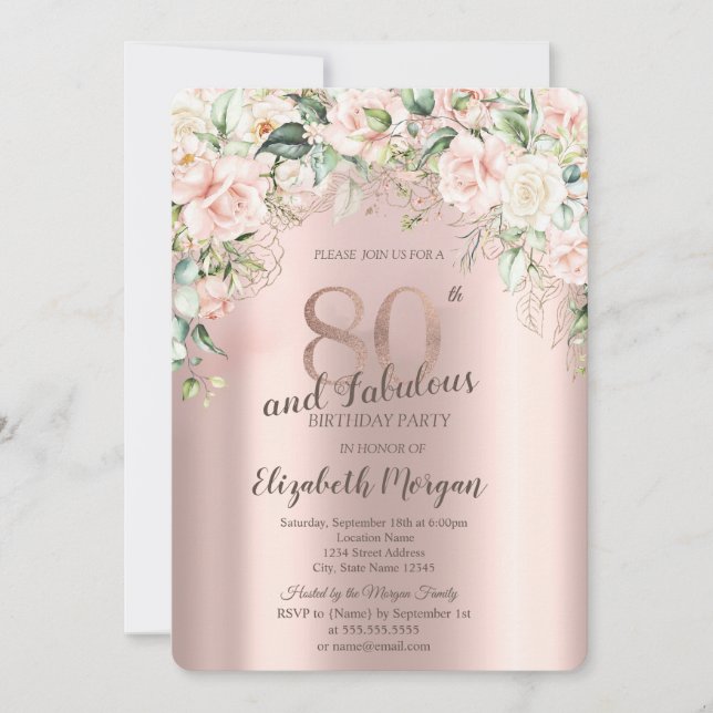 Boho Flowers Roses Rose Gold 80th Birthday Invitation (Front)