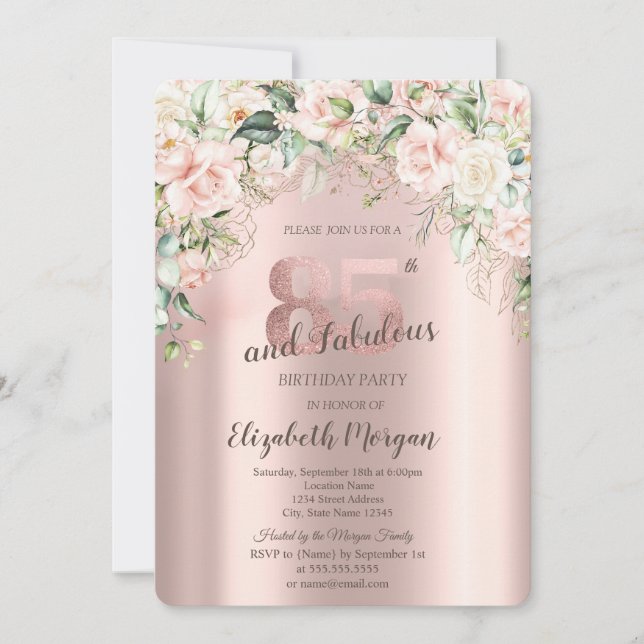 Boho Flowers Roses Rose Gold 85th Birthday Invitation (Front)