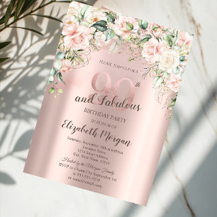 Boho Flowers Roses Rose Gold 90th Birthday Invitation