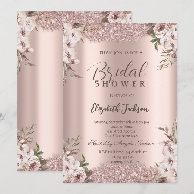 Boho Flowers Shiny Frame Rose Gold Bridal Shower  Invitation (Front/Back)