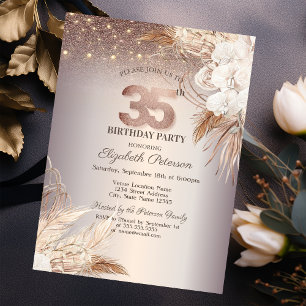 Boho Flowers,String Lights Glitter 35th Birthday Invitation
